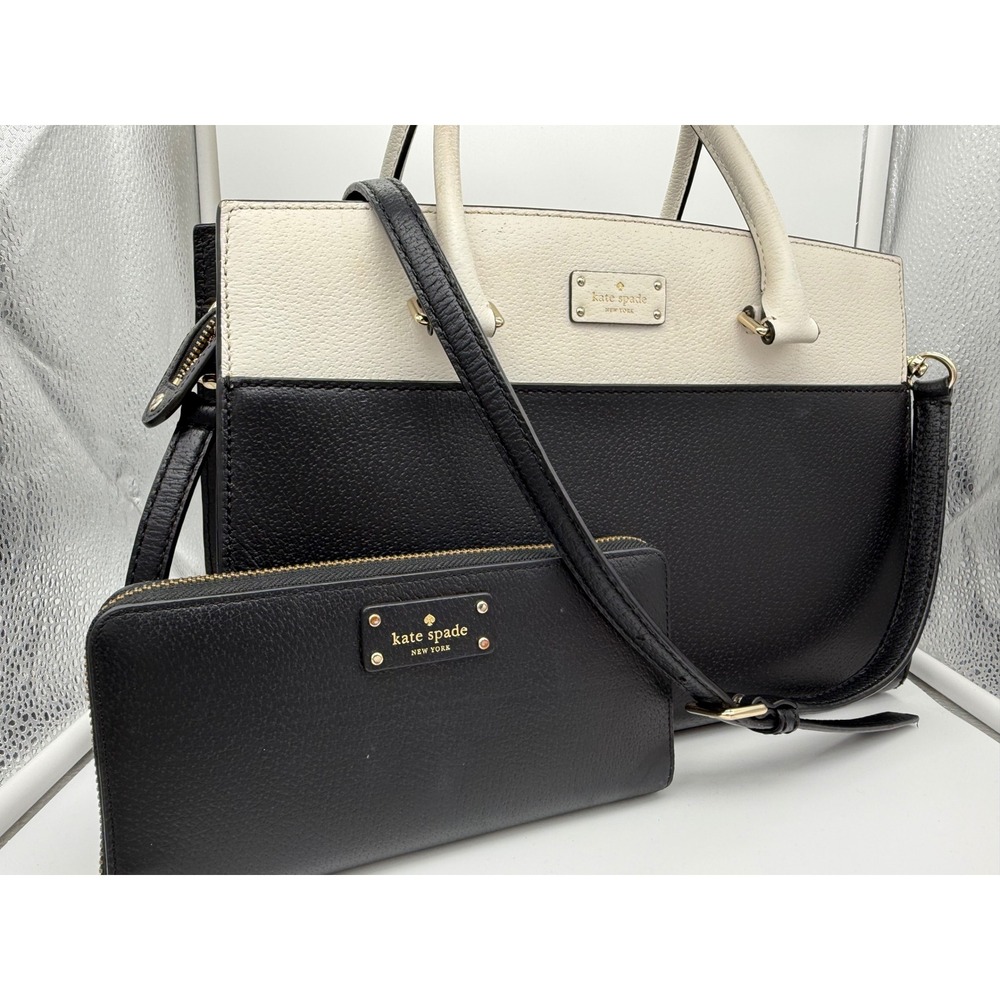 Kate Spade Black White Colorblock Leather Satchel Bag and Matching Wallet Set